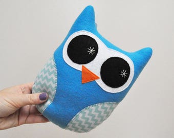 Vibrant Blue Plush Owl With Chevron Stripes - READY TO SHIP