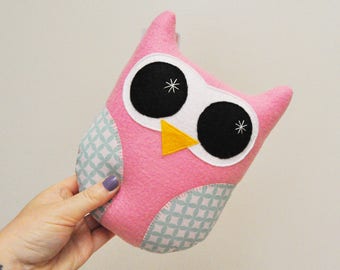 Light Pink Plush Owl With Geometric Print Wings - READY TO SHIP