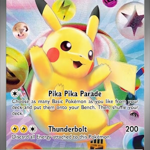 Op de afbeelding: Een Pikachu ex ruilkaart met 190 HP en bliksemtype. De kaart toont een geel Pikachu-personage, de Pika Pika Parade en Thunderbolt-aanvallen, en de tekst Pokémon ex-regel. De achtergrond heeft een kleurrijk, holografisch ontwerp.