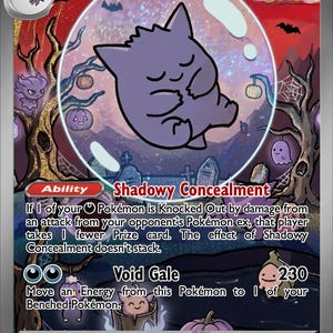 Op de afbeelding: Een Gengar ex ruilkaart met een paarse Gengar die slaapt in een grote transparante bubbel. De achtergrond toont een donker, griezelig bos met uitgesneden pompoenen, grafstenen en vleermuizen onder een rode lucht. Tekst bevat Gengar ex, HP 310, Shadowy Concealment en Void Gale.