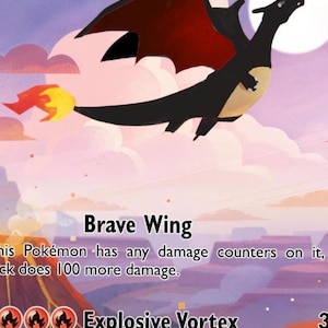 Pode incluir: Um cartão colecionável com uma criatura negra semelhante a um dragão com asas vermelhas, voando contra um céu rosa e roxo. O texto do cartão diz "Brave Wing" e "Explosive Vortex".