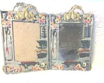 Marco de fotos doble y espejo de metal esmaltado vintage con inspiración japonesa