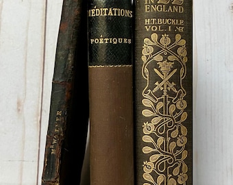 Tres libros antiguos de tapa dura negra en francés e inglés de los años 1800 y 1900.