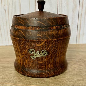 Vintage Round British Tea Caddy – Wood & Metal – Rustic Kitchen Décor