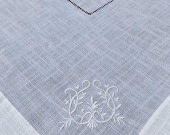 Vintage French Linen Tablecloth: Embroidered Square Cloth Tablecloth