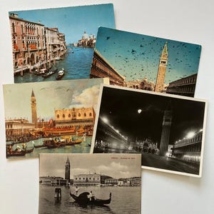 Five vintage postcards of Venice, Italy – Gondola, Grand Canal, St. Mark’s Square and a Canaletto painting.
