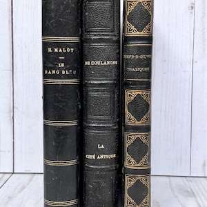 Three antique French books with black leather spines - French literature - vintage France