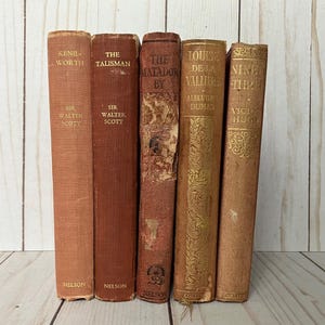 Decorative red vintage books dating from around 1910 - classics by Victor Hugo, Alexandre Dumas and Sir Walter Scott