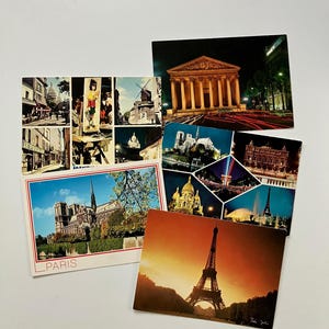 Five retro postcards of Paris, France - Eiffel Tower, Notre Dame, Montmartre, and more