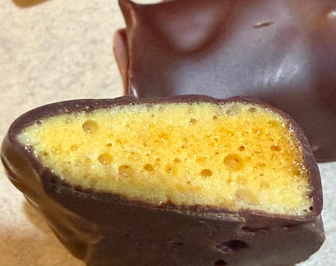 6 oz. Honeycomb candy with Raspberry flavoring, enrobed in Dark Belgian Chocolate Gluten Free, Dye Free, Vegan