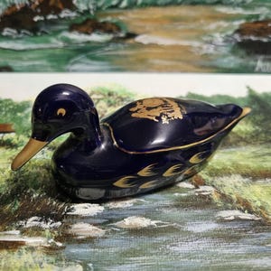 Vtg LIMOGES France castel cobalt blue gold duck figurine with 22 karat gold decoration
