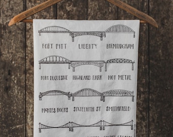 Bridges of Pittsburgh Tea Towel. Bridge Tea Towel. White Cotton Tea Towel. Housewarming Gift. FREE SHIPPING