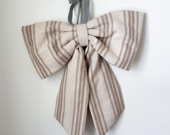 Neutral Fabric Bow for Porch Oversize Bow Front Door Bow for Front Porch Neutral Bow for Fall Neutral Fabric Bow Grain Sack Fabric Bow Decor