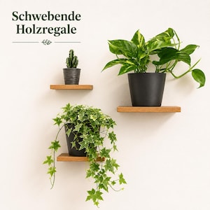 Puede incluir: Tres estantes flotantes de madera con plantas en macetas contra una pared blanca. Las plantas incluyen un cactus, un potos y hiedra. Los estantes son de madera clara. El texto "Schwebebende Holzregale" está en la parte superior.