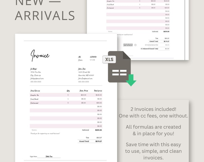 Featured listing image: Google Sheets Auto Calculating Invoices -- Includes Credit Card Fee Option -- Chic Design
