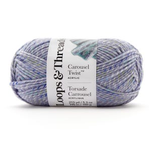 May include: A ball of Loops & Threads Carousel Twist acrylic yarn in a speckled blue, gray, and green colorway. The label reads "Carousel Twist" and "Torsade Carrousel". The yarn is 213 yards and 5.3 oz.
