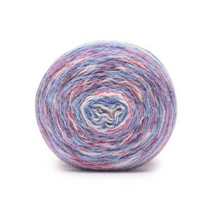 May include: A ball of yarn in shades of purple, blue, pink, and white. The yarn is tightly wound, with a visible spiral pattern. The yarn is likely made of wool or a similar fiber, perfect for knitting or crocheting projects.