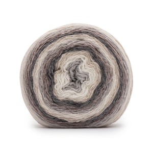 May include: A ball of yarn in a neutral color palette, featuring shades of cream, gray, and brown. The yarn is tightly wound, with visible layers creating a circular pattern. Ideal for knitting or crocheting projects.