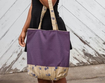 Upholstery Fabric Tote Bag, Handmade Oversize Bag, Purple and Beige Fabric Tote Bag, Purple and Tan Tote Bag, Plum and Beige Bag