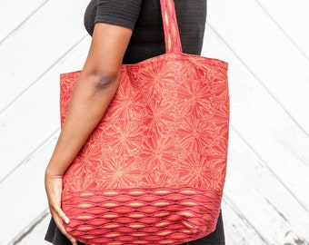 Red Patchwork Bag, Color Block Tote Bag, Red and Orange Floral Red Tote, Orange Red Floral Tote Bag, Red Flower Patchwork Bag Library Bag