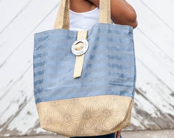 Totebag for Women, Blue and Yellow Handmade Tote Bag, Color Block Bag, Fabric Totebag with Pockets, Blue Color Block Bag, Fabric Carryall