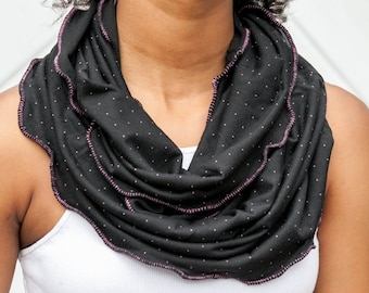 Pink Polka Dot Scarf, Ruffled Infinity Scarf, Pink and Black Cowl Scarf, Pink and Black Ruffled Scarf, Black Pink Dot Scarf