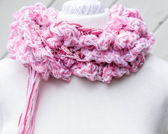 Ruffle Scarf, Pink White Winter Scarf, Pink Ruffle Scarf, Crochet Ruffle Scarf, Pink and White Winter Crochet Scarf, Pink Carnation Scarf