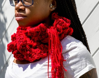 Ruffle Scarf, Red Handmade Crochet Scarf, Bright Red Scarf, Red Ruffle Scarf, Ruffle Neck Scarf, Red Ruffles Scarf, Red Fringed Tassel Scarf