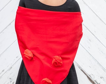 Red Rose Scarf, Red Triangle Scarf, Ruby Red Scarf, Red Roses Scarf, Scarlet Red Shawl, Red Fabric Roses Scarf, Three Red Roses Scarf