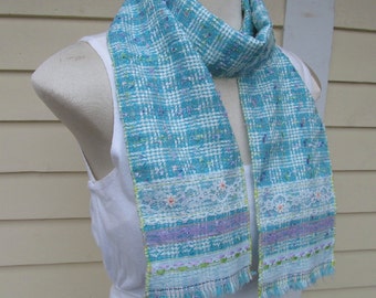 Turquoise Plaid Scarf, Turquoise Fringe Scarf, Lace Trim Scarf, Aqua Plaid Scarf, Turquoise White Plaid Scarf, Pastel Blue Green Plaid Scarf