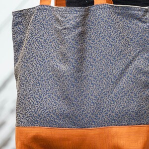 Blue and Orange Tote Bag, Upholstery Fabric Tote Bag, Navy Blue and Orange Tote, Oversize Fabric Tote Bag, Pumpkin and Navy Patchwork Bag image 4