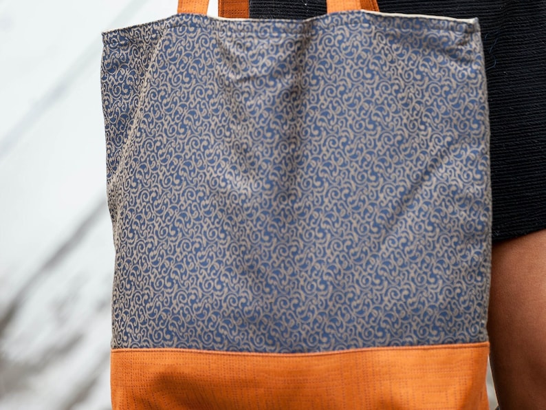 Blue and Orange Tote Bag, Upholstery Fabric Tote Bag, Navy Blue and Orange Tote, Oversize Fabric Tote Bag, Pumpkin and Navy Patchwork Bag image 4