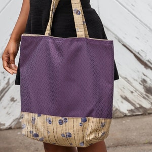 Upholstery Fabric Tote Bag, Handmade Oversize Bag, Purple and Beige Fabric Tote Bag, Purple and Tan Tote Bag, Plum and Beige Bag image 3