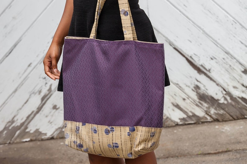 Upholstery Fabric Tote Bag, Handmade Oversize Bag, Purple and Beige Fabric Tote Bag, Purple and Tan Tote Bag, Plum and Beige Bag image 3