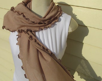 Ruffled Brown Scarf, Light Brown Long Scarf, Coffee Beige Scarf, Handmade Coffee Brown Scarf, Handmade Ruffled Brown Lettuce Edge Scarf