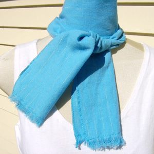 Blue Stripe Scarf, Turquoise Cotton Scarf, Aqua Neck Scarf, Blue Green Fringed Scarf, Blue Stripe Neck Scarf, Robins Egg Blue Scarf image 1