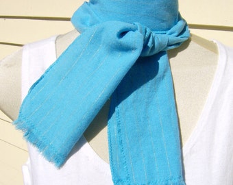 Blue Stripe Scarf, Turquoise Cotton Scarf, Aqua Neck Scarf, Blue Green Fringed Scarf, Blue Stripe Neck Scarf, Robins Egg Blue Scarf