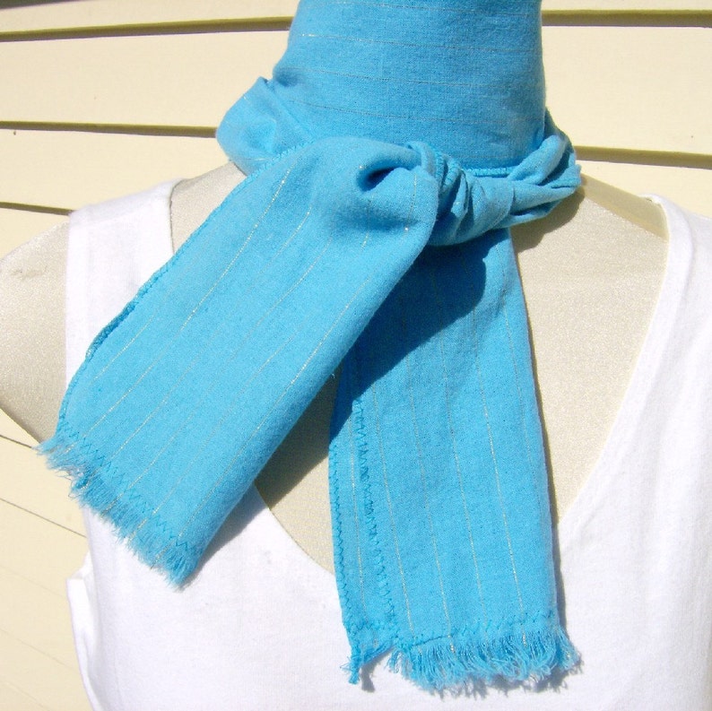 Blue Stripe Scarf, Turquoise Cotton Scarf, Aqua Neck Scarf, Blue Green Fringed Scarf, Blue Stripe Neck Scarf, Robins Egg Blue Scarf image 1