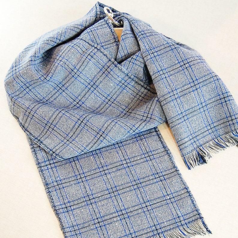 Long Blue Neck Scarf, Plaid Fringe Scarf, Blue White Plaid Scarf, Linen Blend Scarf, Blue White Plaid Fringe Scarf, Royal Blue Plaid Scarf image 4