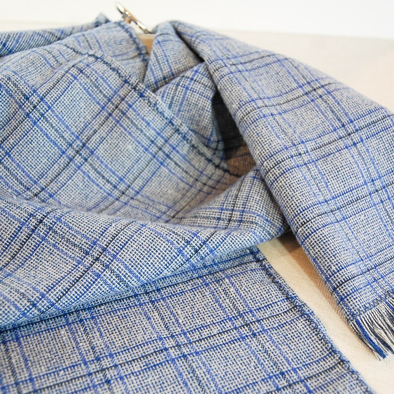 Long Blue Neck Scarf, Plaid Fringe Scarf, Blue White Plaid Scarf, Linen Blend Scarf, Blue White Plaid Fringe Scarf, Royal Blue Plaid Scarf image 10