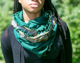 Ruffled Scarf, Plaid Infinity Scarf, Color Block Scarf, Emerald Green Scarf, Color Block Infinity Scarf, Emerald Green Infinity Scarf