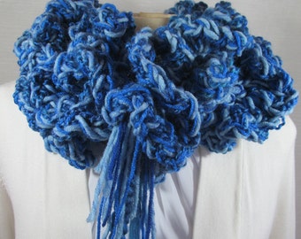 Royal Blue Scarf, Hand Crochet Blue Scarf, Royal Blue Winter Scarf, Ruffled Blue Crochet Scarf, Handmade Crochet Ruffles Scarf