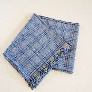 Long Blue Neck Scarf, Plaid Fringe Scarf, Blue White Plaid Scarf, Linen Blend Scarf, Blue White Plaid Fringe Scarf, Royal Blue Plaid Scarf image 8