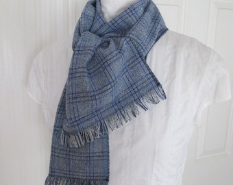 Long Blue Neck Scarf, Plaid Fringe Scarf, Blue White Plaid Scarf, Linen Blend Scarf, Blue White Plaid Fringe Scarf, Royal Blue Plaid Scarf