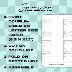 May include: A page with instructions for a puzzle, featuring a grid-based game. The text includes steps for printing, cutting, folding, and assembling. The paper size is specified as 8.5" x 11". The background has a light blue and white checkered pattern.