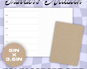 May include: A blank DIY passport-size weekly planner with a grid and lined pages. The planner is open to display the weekly layout, with a separate cover. The dimensions are 5 inches by 3.5 inches.