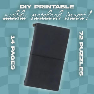 May include: A black notebook with a string closure. The text "DIY PRINTABLE sudoku notebook insert!" is at the top. The text "14 PAGES" is on the left, and "72 PUZZLES" is on the right. The background is a light blue checkered pattern.