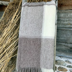 Può includere: Una coperta a quadri marroni e bianchi in lana con frange sui bordi. La coperta è appoggiata su una scala di legno.