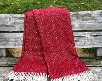 Nordic Red & White Diamond Geometric Plaid Wool Throw Blanket, Personalized, Custom Name Embroidery, Anniversary Gift, Monogram Gift