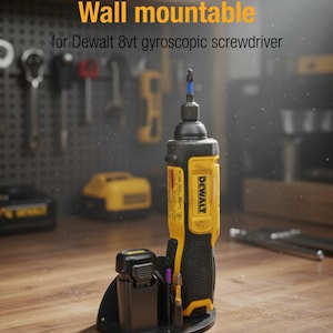 May include: Black 3D-printed wall mount for a Dewalt 8vt gyroscopic screwdriver. The mount holds the screwdriver and battery. The screwdriver is yellow and black with the text "DEWALT". The text "Pebdeq" and "Wall mountable" are also visible.